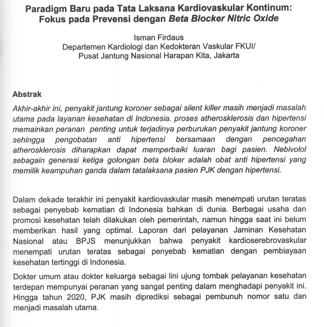 Paradigm Baru pada Tata Laksana Kardiovaskular Kontinum: Fokus pada Prevensi dengan Beta Blocker Nitric Oxide